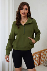 Moss Green Quarter Zip Stand Neck Kangaroo Pocket Sweatshirt Sweatshirts & Hoodies JT's Designer Fashion