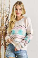White Striped Christmas Tree Ribbed Trim Drop Shoulder Sweater Sweaters JT's Designer Fashion
