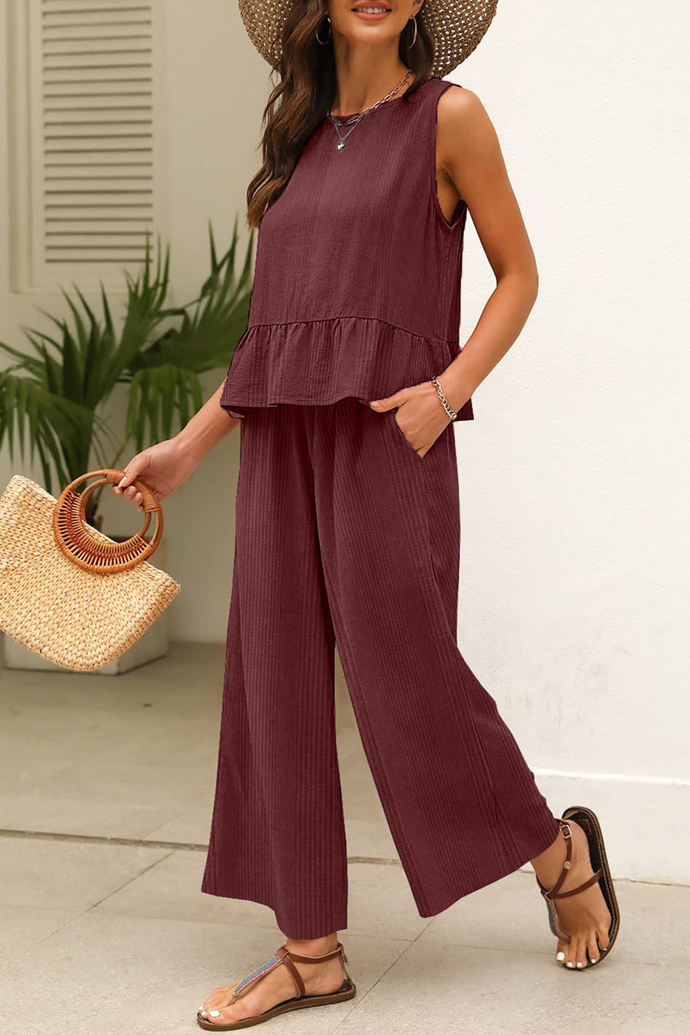 Red Dahlia Solid Color Ribbed Ruffle Tank Top and Pants Set Pant Sets JT's Designer Fashion