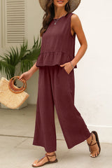 Red Dahlia Solid Color Ribbed Ruffle Tank Top and Pants Set Pant Sets JT's Designer Fashion