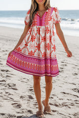 Rose Boho Floral Short Sleeve Lace-up V Neck Mini Dress Dresses JT's Designer Fashion