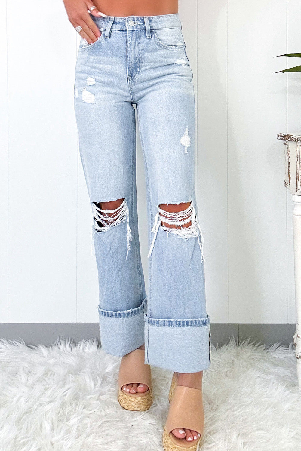 Beau Blue Light Wash Distressed Straight Jeans Jeans JT's Designer Fashion