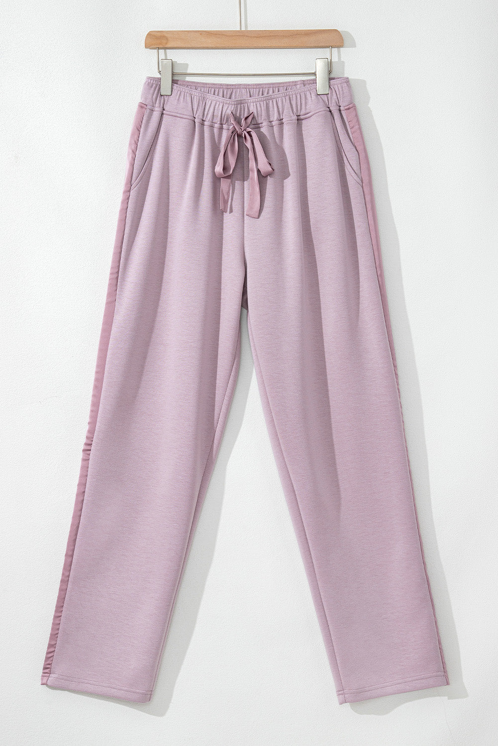 Orchid Petal Drawstring Waist Satin Stripe Patch Straight Leg High Waist Pants Pants & Culotte JT's Designer Fashion