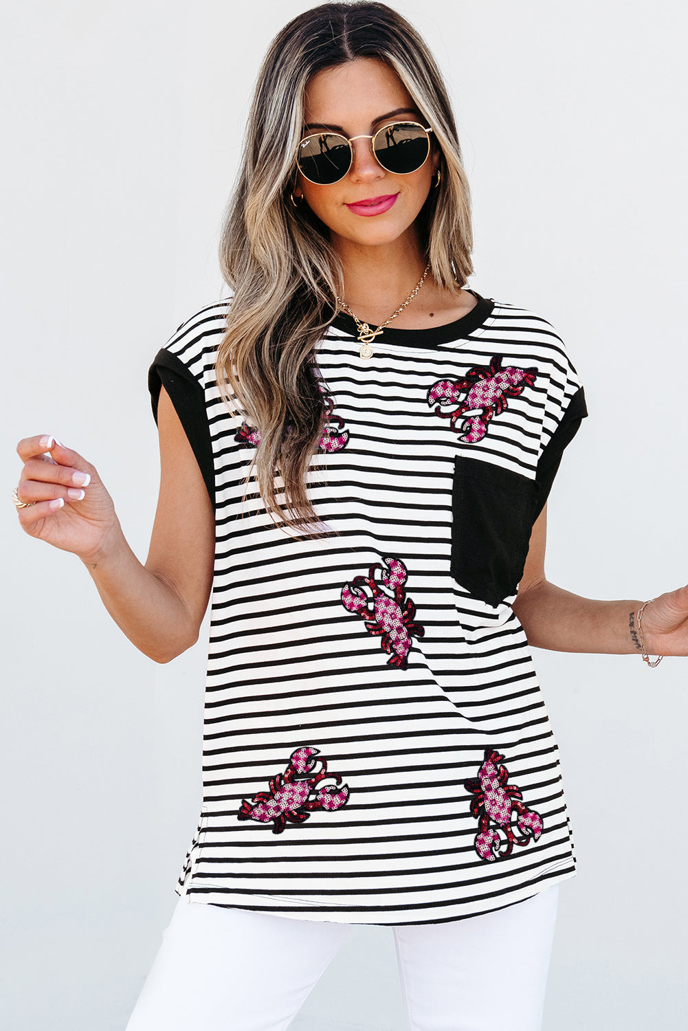 Black Stripe Sequined Lobster Patched Pocket Casual Tank Top Graphic Tees JT's Designer Fashion