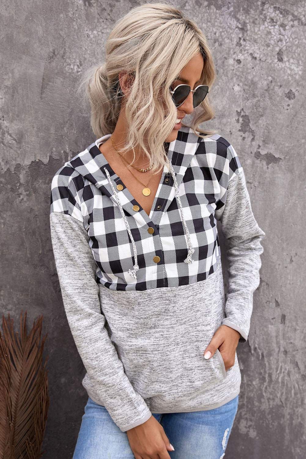 Black Plaid Splicing Pocketed Hoodie Sweatshirts & Hoodies JT's Designer Fashion