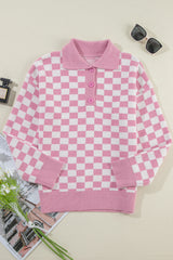 Pink Checkered Buttons Collar V Neck Drop Shoulder Sweater Sweaters JT's Designer Fashion