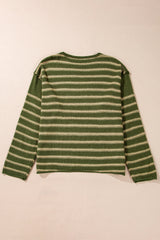Green Stripe Drop Shoulder Casual Sweater Sweaters JT's Designer Fashion