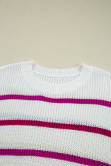 White Colorful Striped Drop Shoulder Crew Neck Sweater Sweaters JT's Designer Fashion