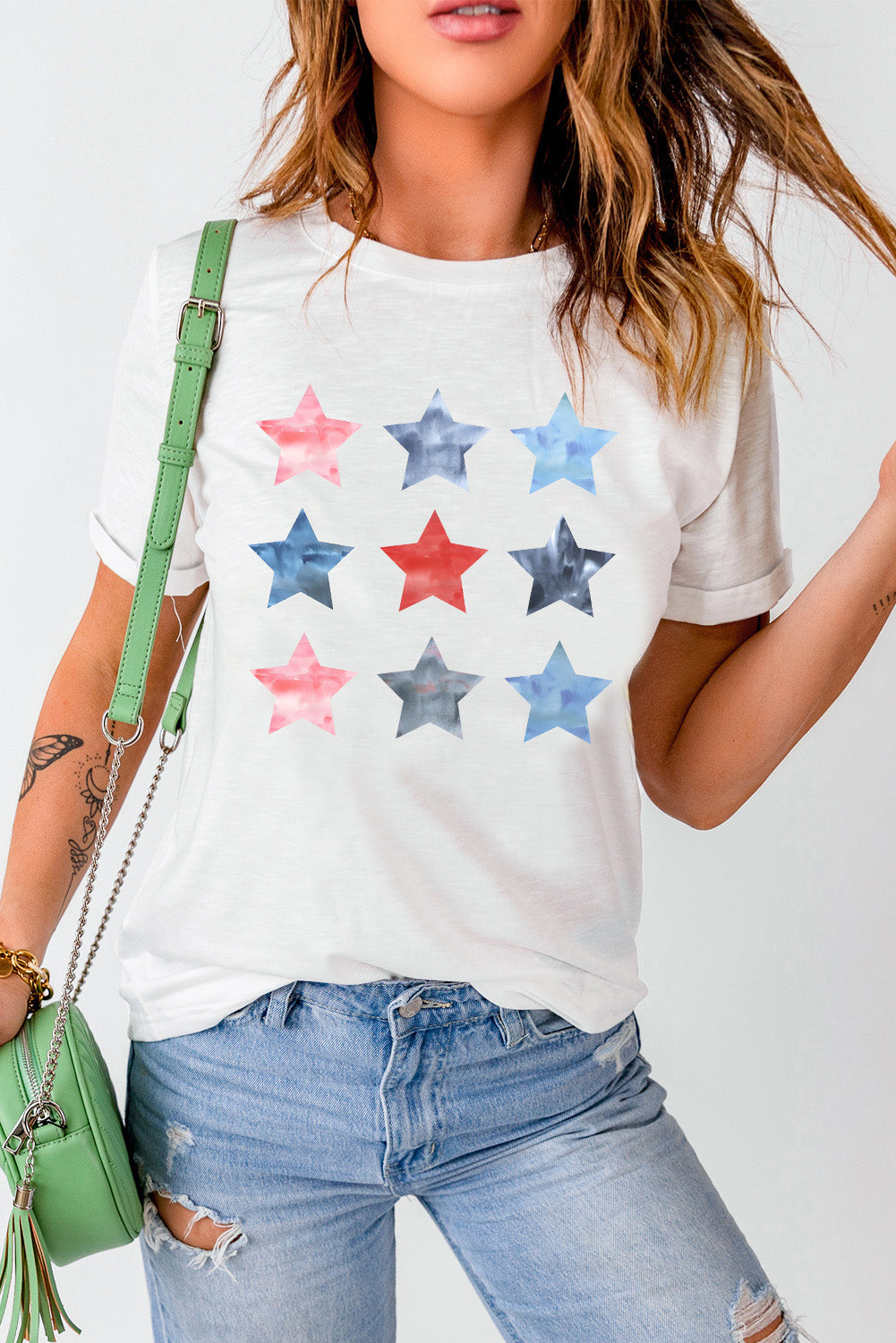 White Flag Day Stars Print Crew Neck T Shirt Graphic Tees JT's Designer Fashion