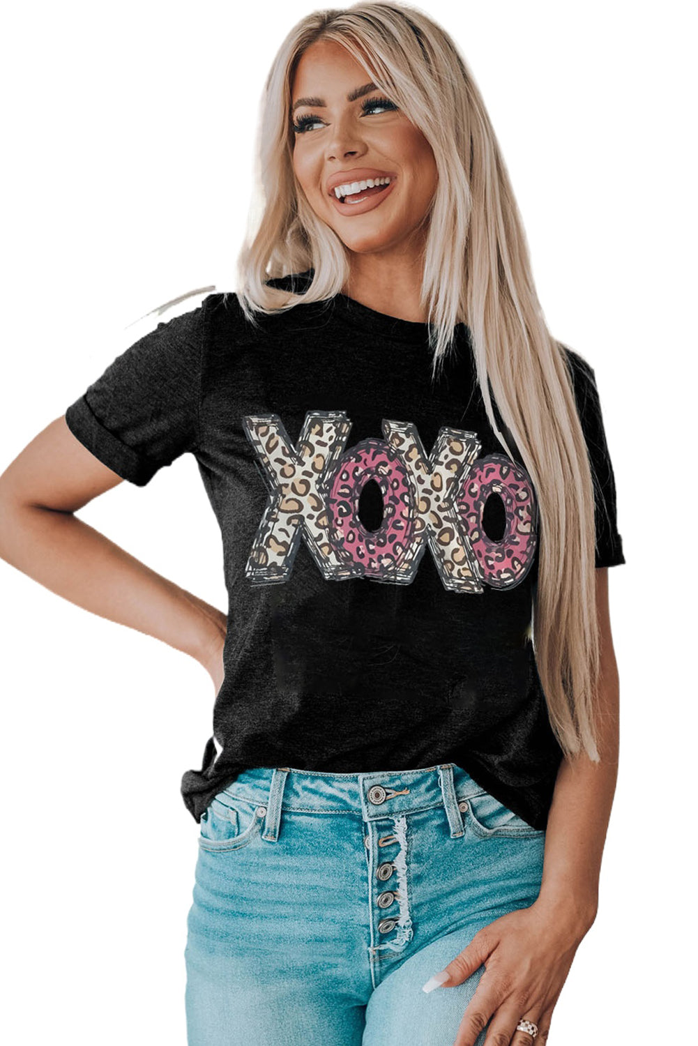 Black Leopard XOXO Print T Shirt Graphic Tees JT's Designer Fashion