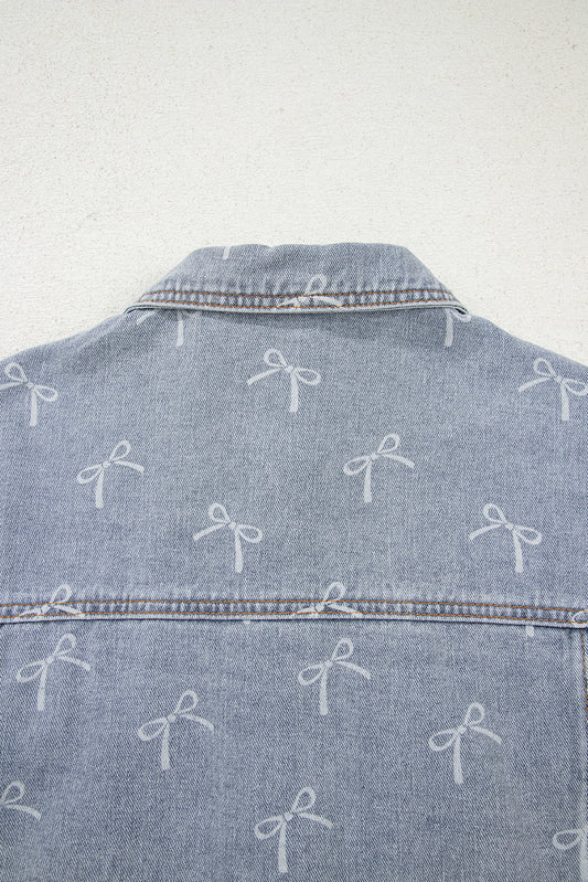 Sky Blue Bow Knot Print Light Wash Raw Hem Denim Jacket Denim Jackets JT's Designer Fashion