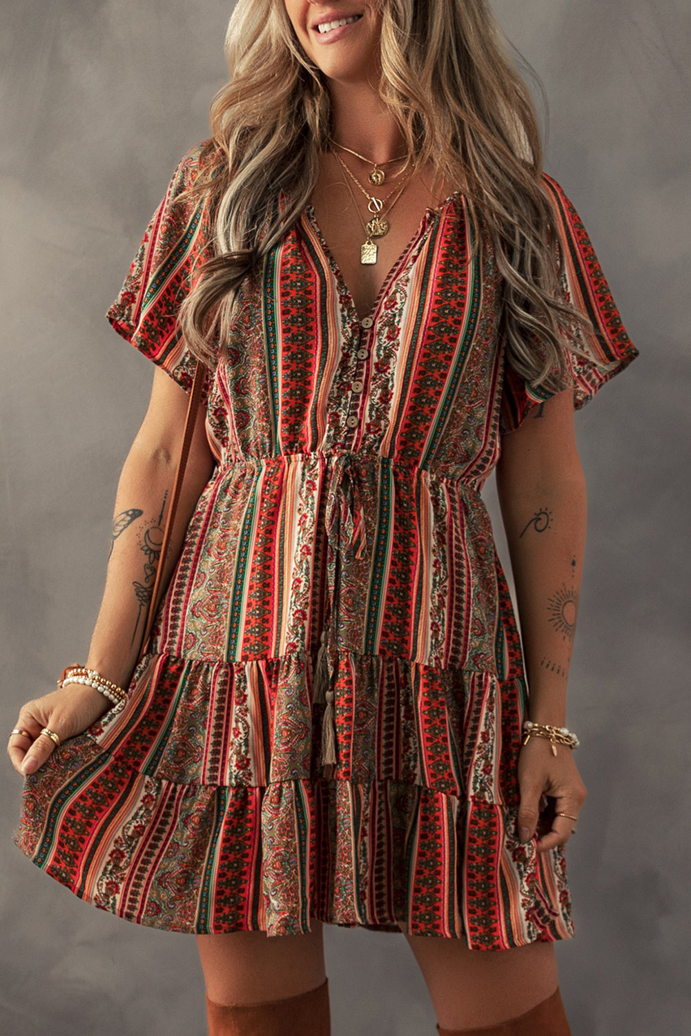 Red Bohemian Floral Print Buttoned V Neck Ruffle Tiered Dress Floral Dresses JT's Designer Fashion
