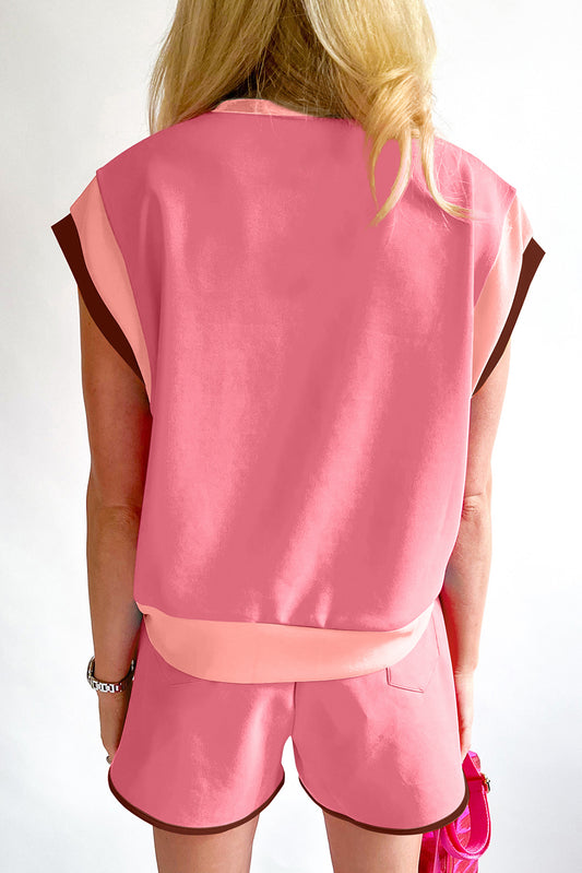Peach Blossom Contrast Trim Cap Sleeve Tee Shorts Set Short Sets JT's Designer Fashion
