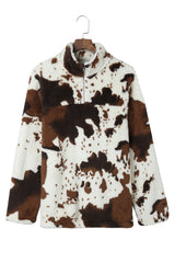 Zip Collar Cow Print Fleece Sweatshirt Sweatshirts & Hoodies JT's Designer Fashion