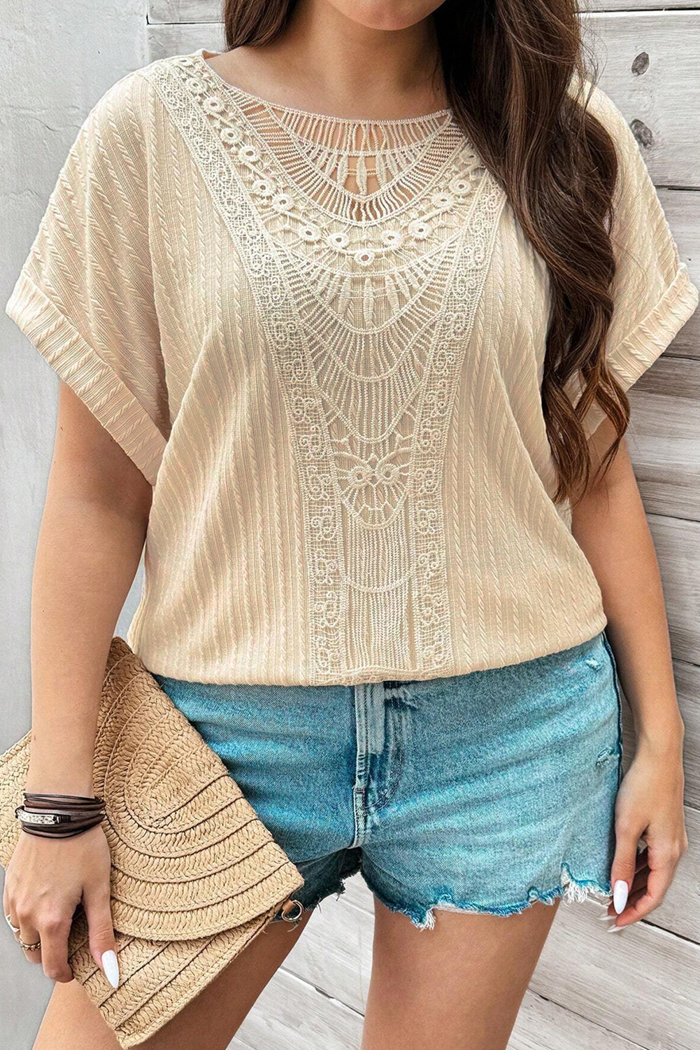 Beige Lace Crochet Patched Cable Textured Cuffed Short Sleeve Plus Size Top Plus Size Tops & Tees JT's Designer Fashion