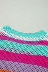 Rose Red Colorblock Patchwork Knit Crochet Eyelet Sweater Sweaters JT's Designer Fashion