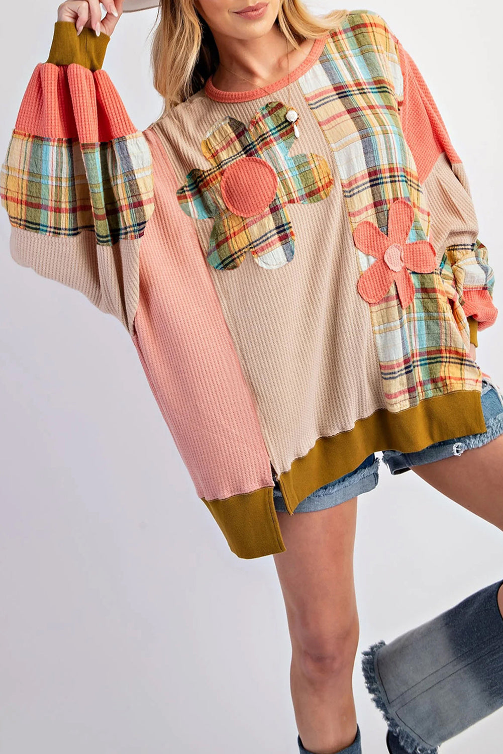 Multicolour Waffle Knit Plaid Patchwork Side Slits Loose Sweatshirt Sweatshirts & Hoodies JT's Designer Fashion