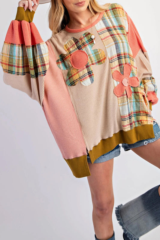 Multicolour Waffle Knit Plaid Patchwork Side Slits Loose Sweatshirt Sweatshirts & Hoodies JT's Designer Fashion