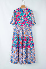Sky Blue Mixed Floral Print Tie Split Neck Short Sleeve Dress Floral Dresses JT's Designer Fashion