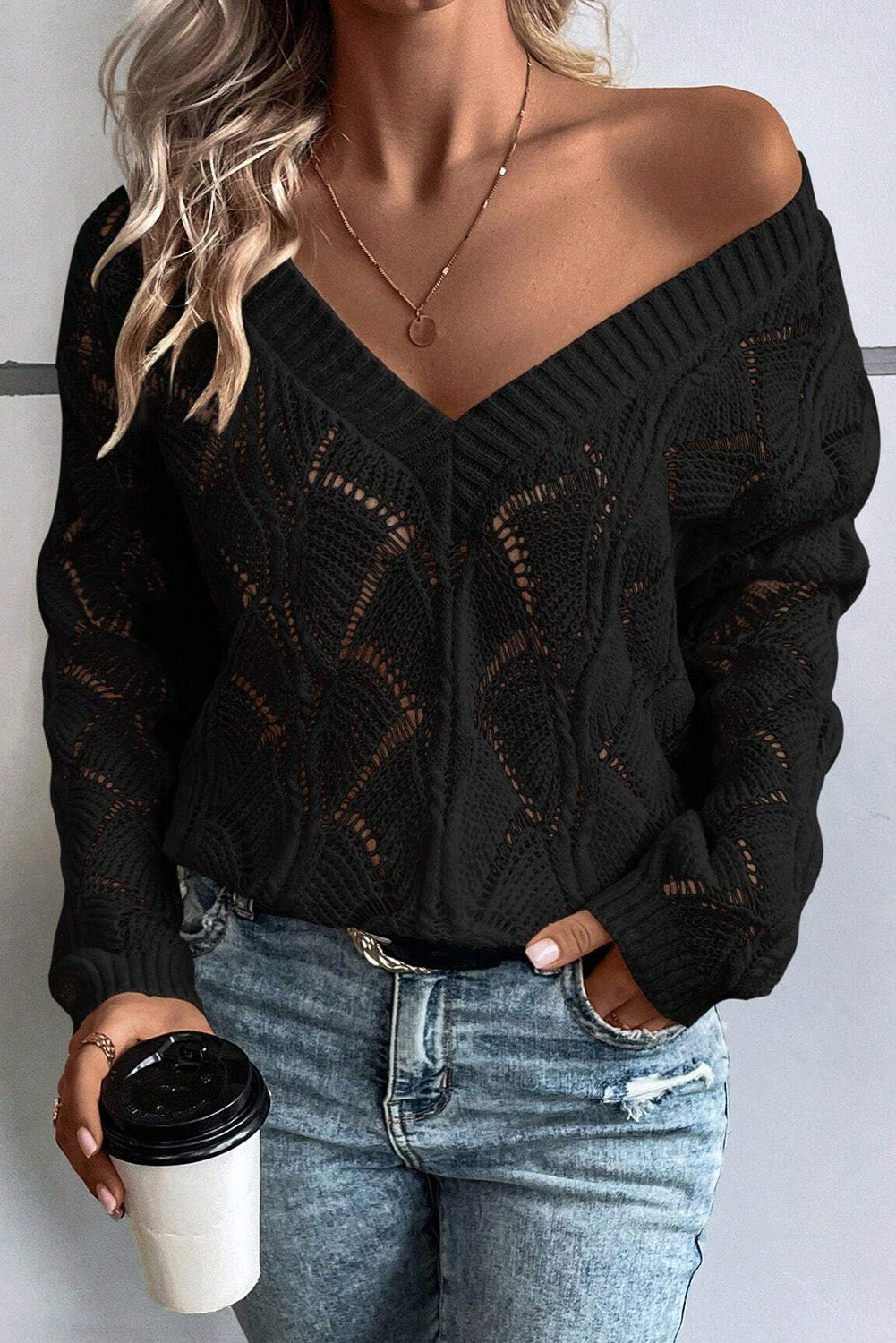 Black Hollow Out Knit V Neck Drop Shoulder Sweater Black 48%Acrylic+42%Polyamide+10%Wool Sweaters JT's Designer Fashion
