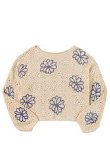 Beige Contrast Flower Print Eyelet Drop Shoulder Sweater Sweaters JT's Designer Fashion