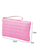 Rose Red Straw Woven Wrist Strap Zipper Large Wallet Handbags JT's Designer Fashion