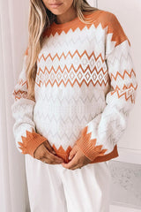 Khaki Zigzag Geometric Pattern Knitted Pullover Sweater Sweaters JT's Designer Fashion
