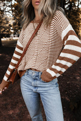 Brown Stripe Geometric Textured Drop Shoulder Sweater Sweaters JT's Designer Fashion