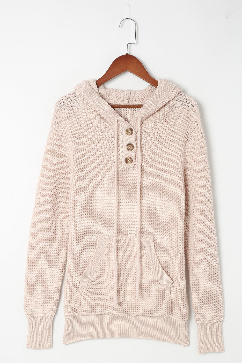 Apricot Waffle Knit Buttons Hooded Sweater with Pocket Sweaters & Cardigans JT's Designer Fashion