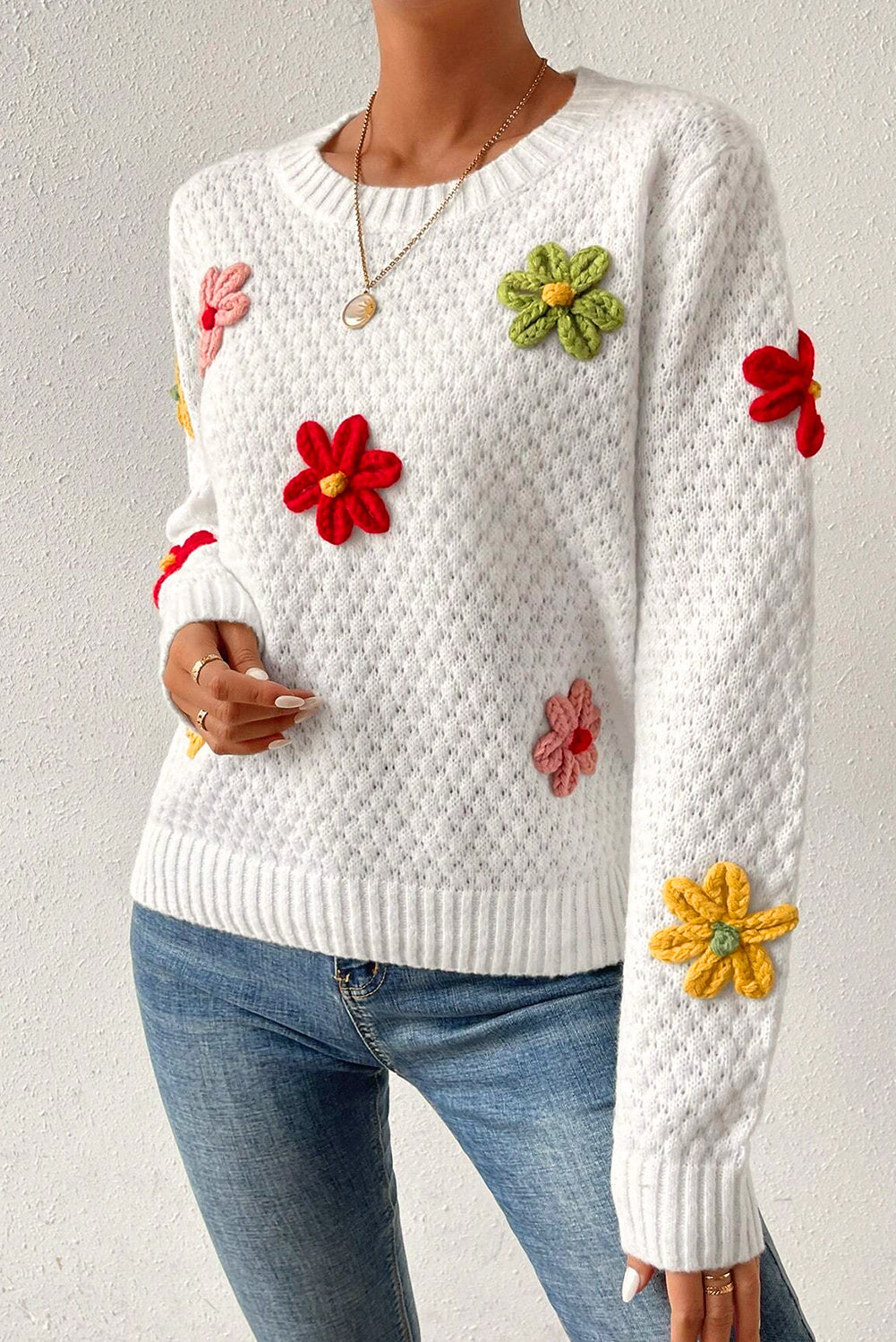 White Colorful Flower Applique Textured Knit Sweater Sweaters JT's Designer Fashion
