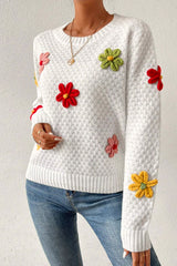 White Colorful Flower Applique Textured Knit Sweater Sweaters JT's Designer Fashion
