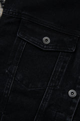 Black Plaid Sleeve Frayed Hem Hooded Denim Jacket Denim Jackets JT's Designer Fashion