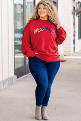 Fiery Red Tinsel merry Pattern Drop Shoulder Plus Size Sweater Plus Size Sweaters & Cardigans JT's Designer Fashion