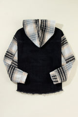 Black Plaid Sleeve Frayed Hem Hooded Denim Jacket Denim Jackets JT's Designer Fashion