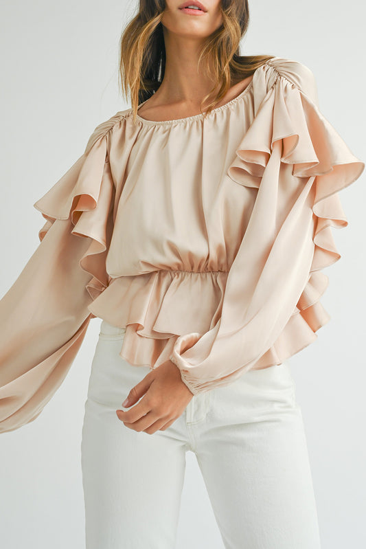 Oatmeal Lace-up Keyhole Back Ruffled Peplum Blouse Oatmeal 90%Polyester+10%Elastane Blouses & Shirts JT's Designer Fashion