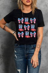 Black Stars and Stripes Bowknot Cowgirl Boots Graphic Patriotic Tee Graphic Tees JT's Designer Fashion