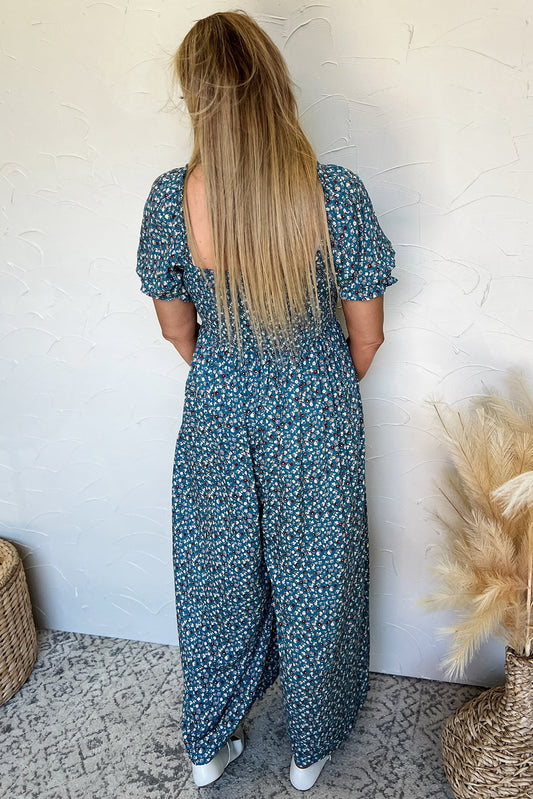 Blue Vintage Boho Floral Smocked Short Puff Sleeve Wide Leg Jumpsuit Jumpsuits & Rompers JT's Designer Fashion