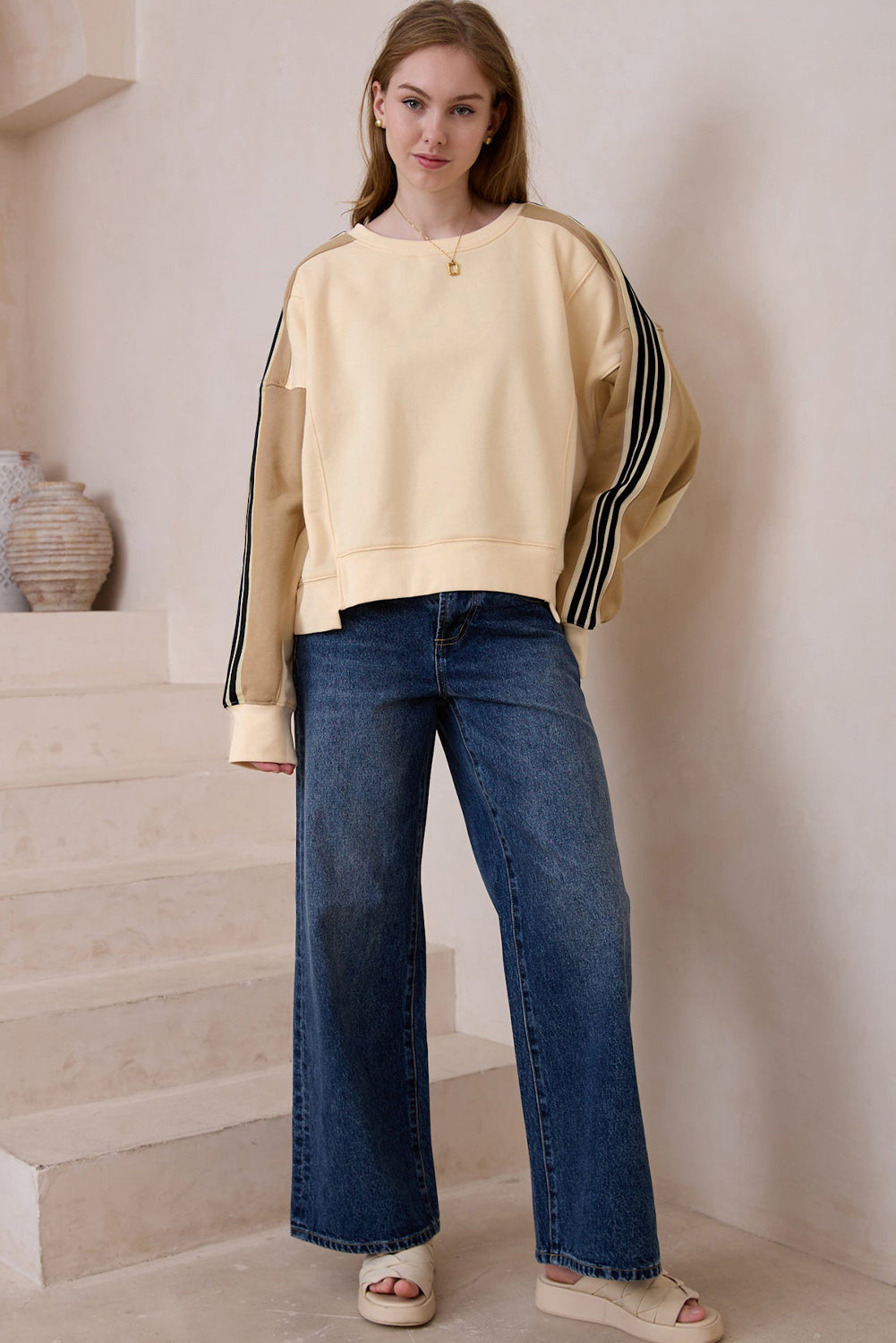 Beige Contrast Striped Patchwork Drop Shoulder Loose Sweatshirt Sweatshirts & Hoodies JT's Designer Fashion