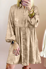 Apricot Metallic Sheen Puff Sleeve Button Up Mini Shirt Dress Mini Dresses JT's Designer Fashion