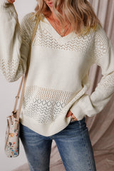 White Eyelet Pattern Detail V Neck Drop Shoulder Sweater Sweaters JT's Designer Fashion