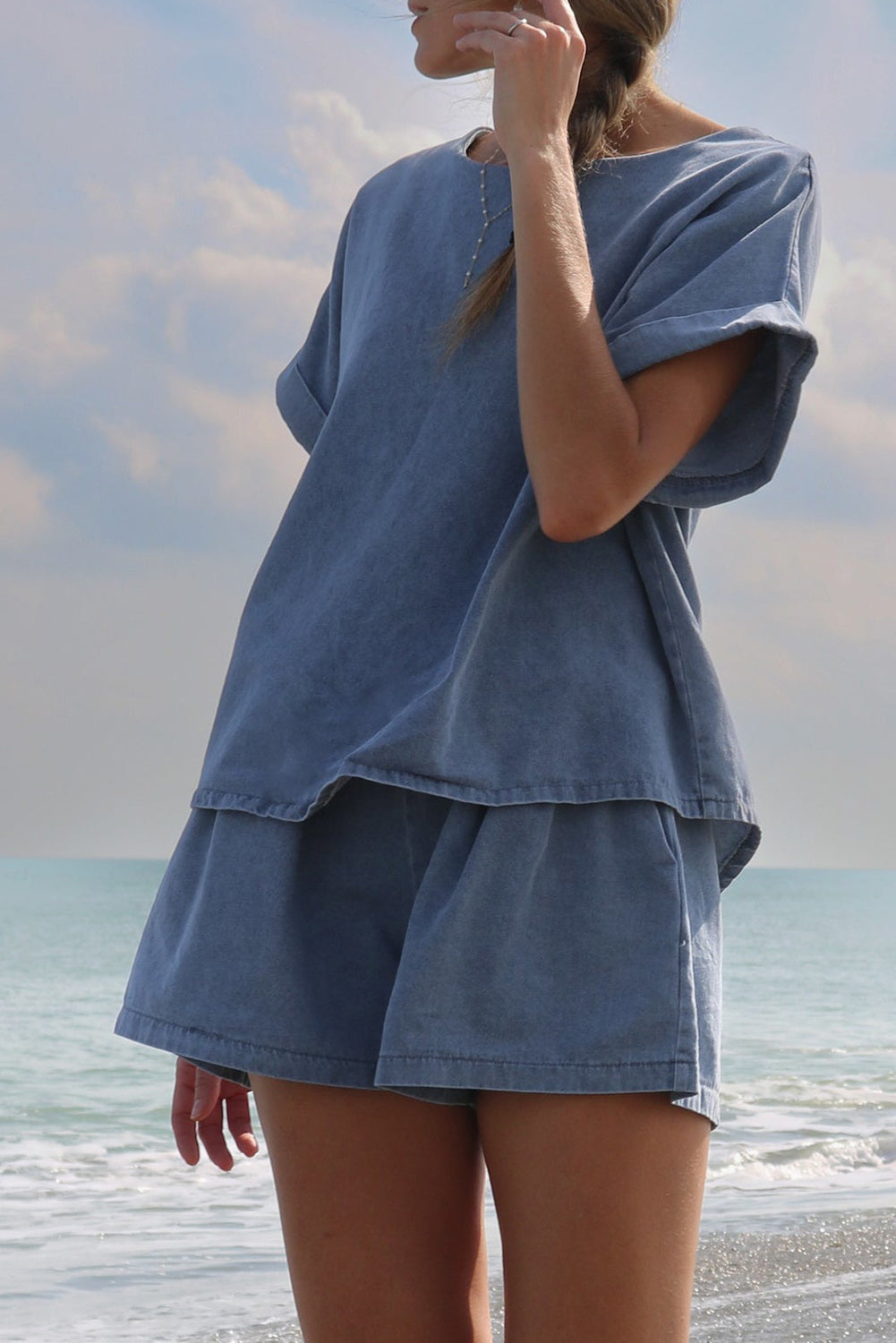 Light Blue Short Relaxed Denim Two-piece Set Bottoms JT's Designer Fashion