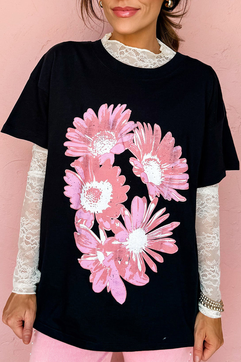Black Pink Daisy Flower Printed Cotton Blend T Shirt Graphic Tees JT's Designer Fashion