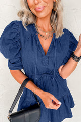 Blue Drawstring High Waist Puff Sleeve Denim Mini Dress Mini Dresses JT's Designer Fashion