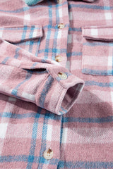 Pink Plaid Print Color Block Collared Flap Pockets Loose Shacket Plaid Shackets JT's Designer Fashion