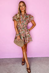 Pink Floral Print Puff Sleeve Shirred High Waist Mini Dress Floral Dresses JT's Designer Fashion
