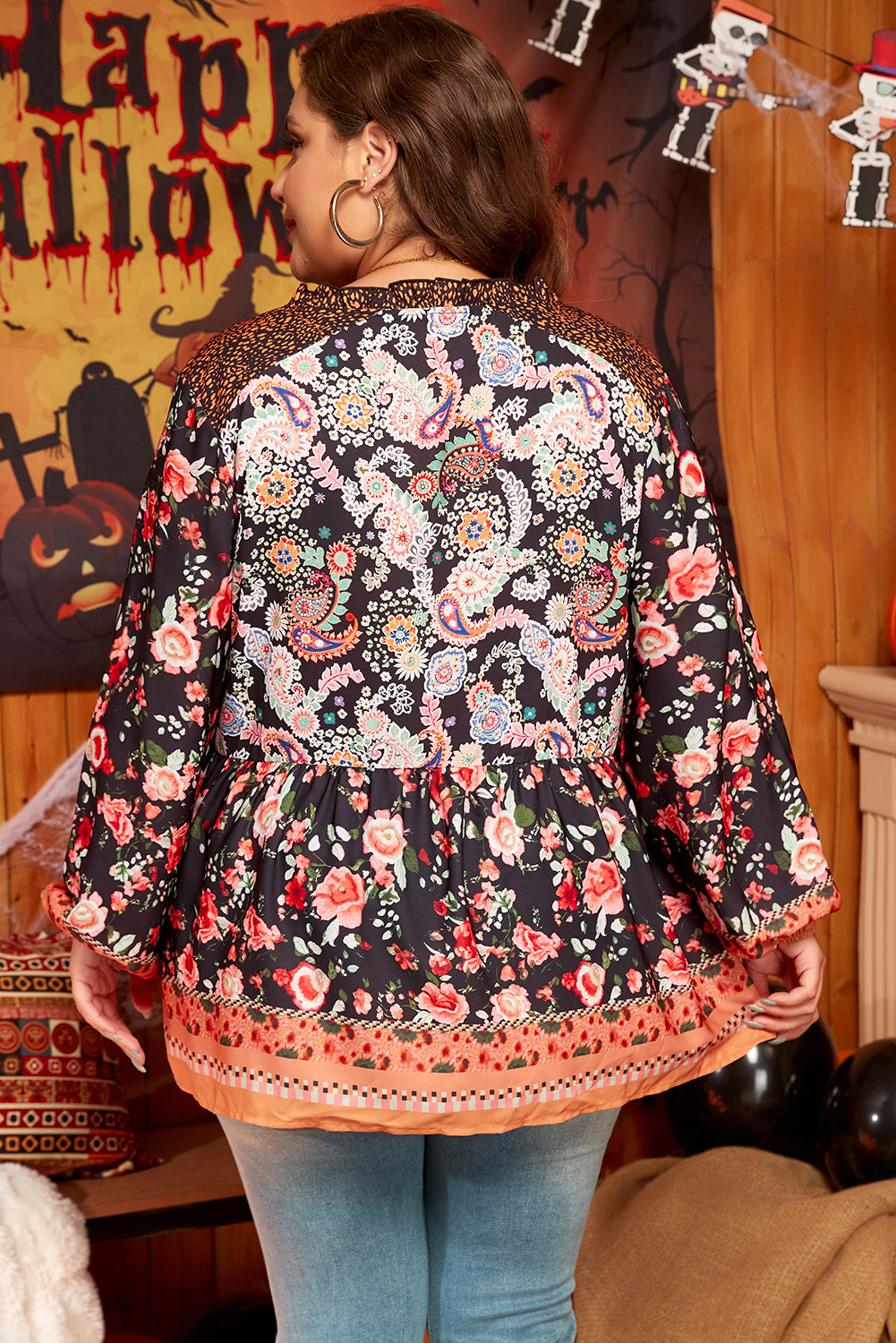 Black Plus Size Paisley Floral Print V Neck Bubble Sleeve Blouse Plus Size Blouses & Shirts JT's Designer Fashion