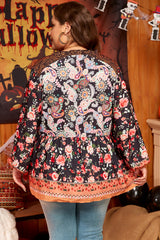 Black Plus Size Paisley Floral Print V Neck Bubble Sleeve Blouse Plus Size Blouses & Shirts JT's Designer Fashion