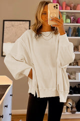 White Waffle Knit Bishop Sleeve Split Oversized Sweatshirt Sweatshirts & Hoodies JT's Designer Fashion