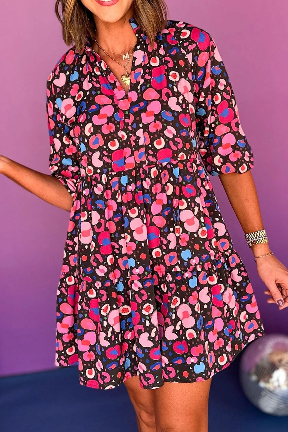 Rose Abstract Print V Neck Collared Half Sleeve Short Dress Dresses JT's Designer Fashion