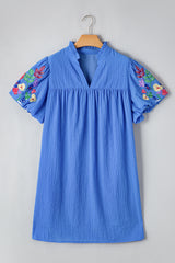 Sky Blue Plus Size Floral Embroidered Puff Sleeve Gingham Mini Dress Plus Size Mini Dresses JT's Designer Fashion